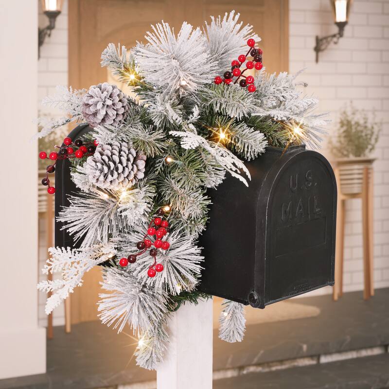 Puleo International 36 in. x 16 in. Pre-Lit Flocked Decorated Mailbox Cover