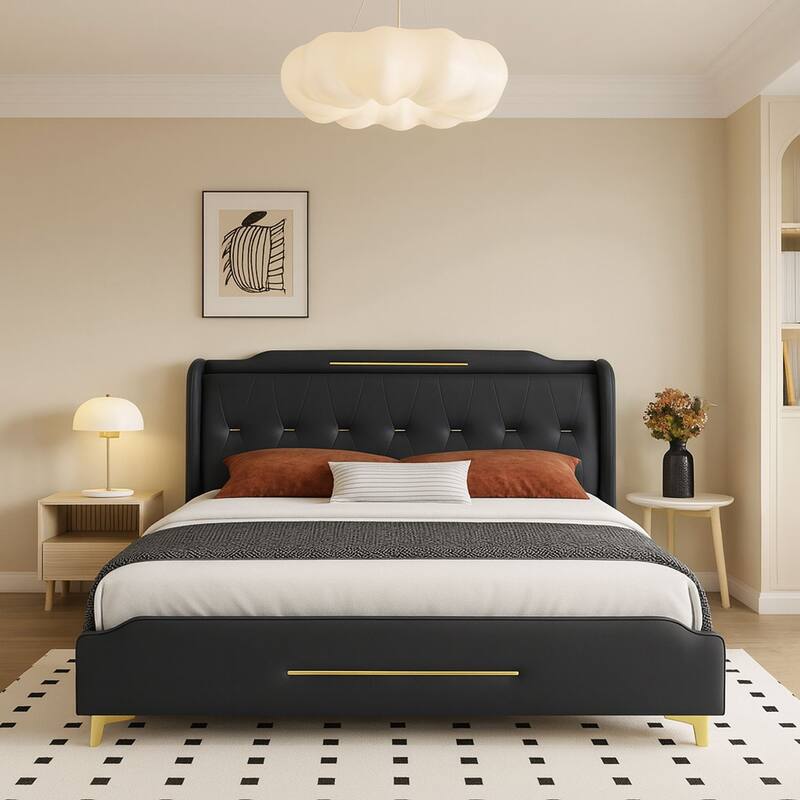 Modern PU Leather Upholstered Platform Bed - No Box Spring Needed - Black - King