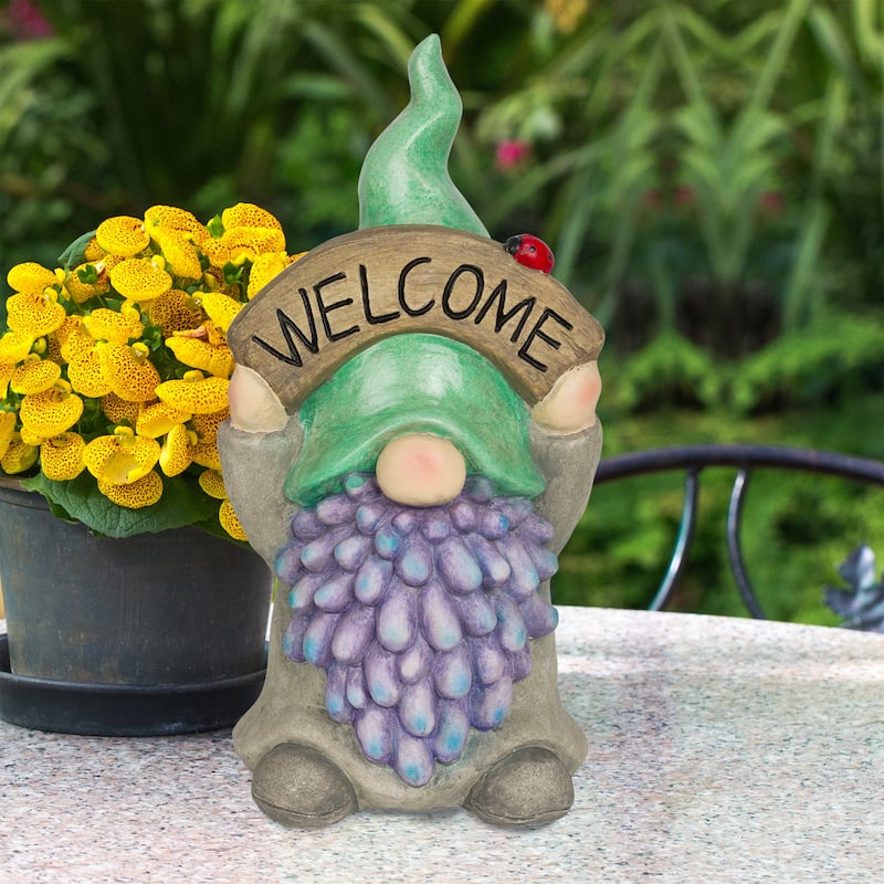 Gnome with Green Hat Holding Up "Welcome" Sign
