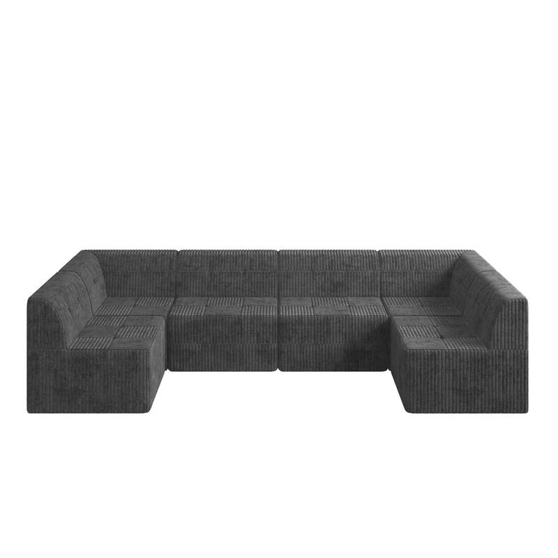 130.32" U-Shaped Corduroy Modular Sectional Sofa with No-Assembly Foam Construction & Convertible Sleeper (6/7/9-Seater Options)