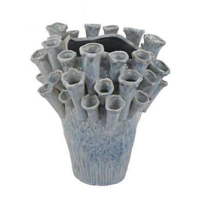 Decorative Vase, Coral Inspired Coastal Design, 13 Inch Blue Ceramic