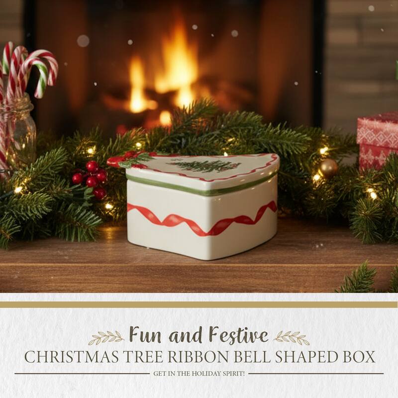Spode Christmas Tree Ribbon Bell Shaped Box - 2" H x 5.3" L