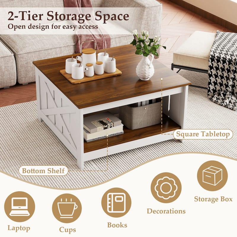 Gymax 31'' Wooden Square Coffee Table w/Storage Shelf Open Compartment - White, Brown