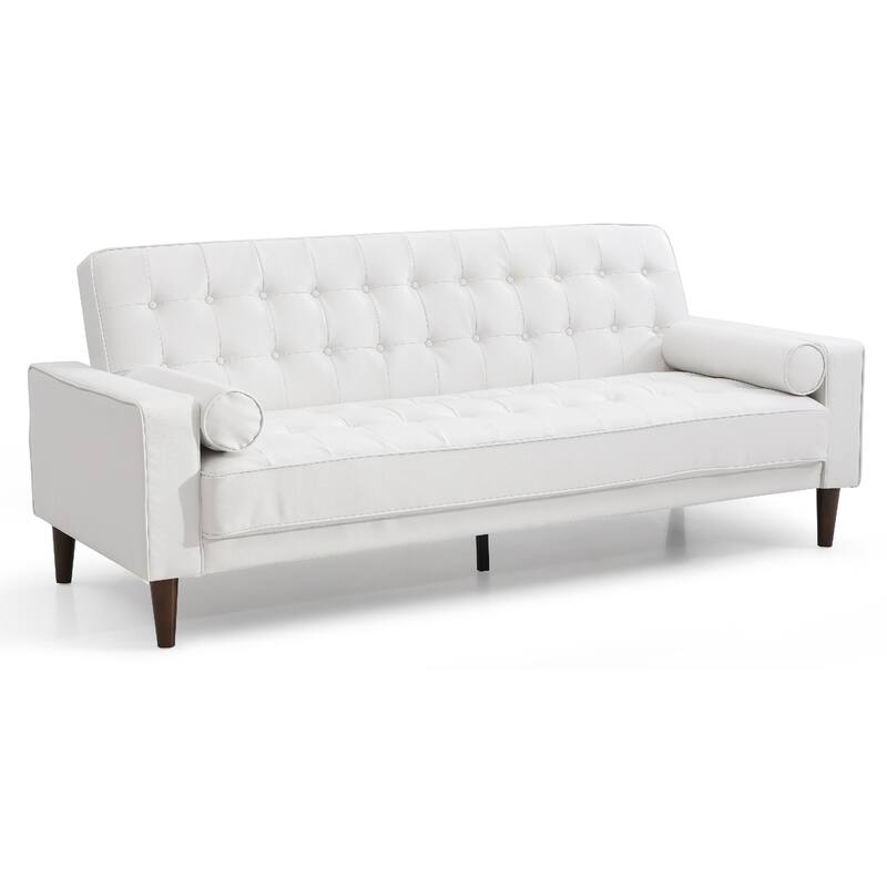 Flared Arm Faux Leather Tufted Straight Sofa with Bolster Pillows - 85" - White
