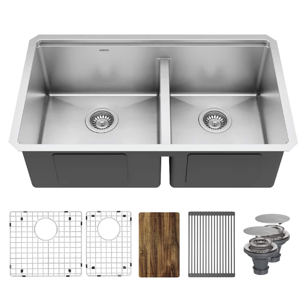 Elite 32" Undermount Workstation 16 Gauge Double Bowl Stainless Steel Kitchen Sink - Stainless Steel
