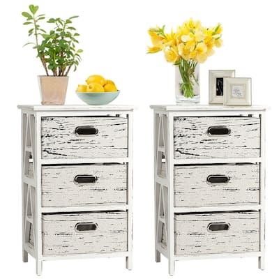 Gymax Set of 2 Chest w/3 Fabric Drawers Vintage Wood Frame End Side