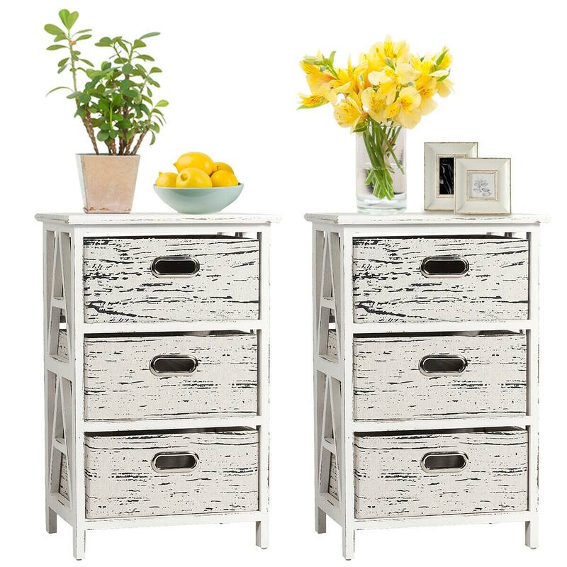 Gymax Set of 2 Chest w/3 Fabric Drawers Vintage Wood Frame End Side - White