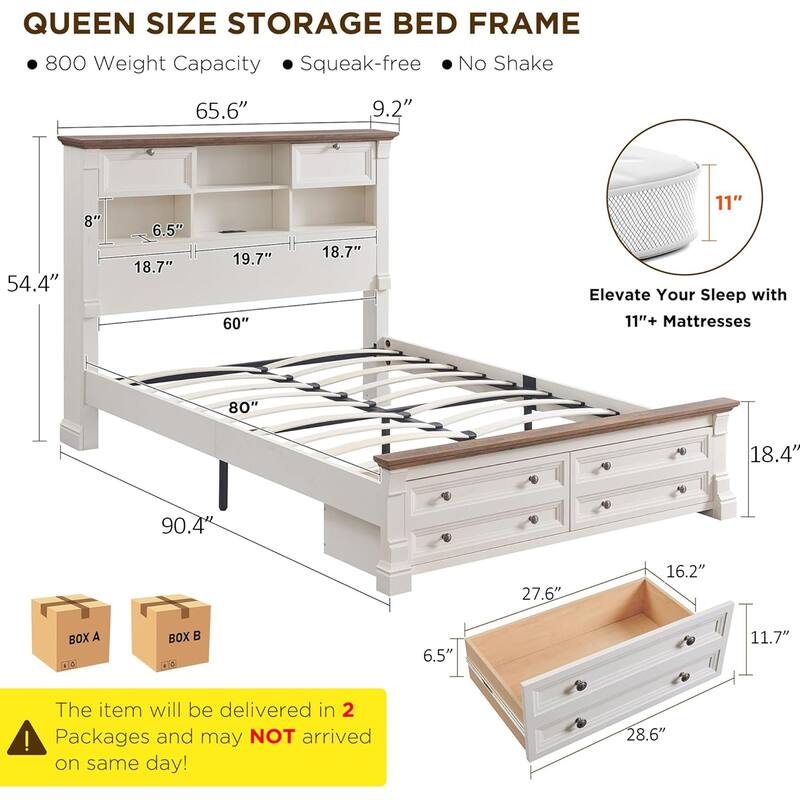 Farmhouse Bed Frame with 54" Tall Storage Bookcase Headboard