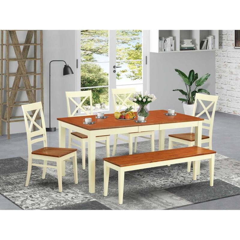 HomeStock 6-Piece Rectangle Buttermilk and Cherry Finish Solid Wood Top dining Table with 1-Bench and 4-Chairs