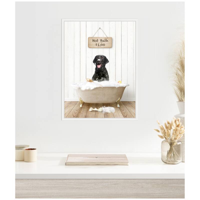 Kate and Laurel Sylvie Black Lab in Farmhouse Hot Bath Framed Canvas by Amy Peterson