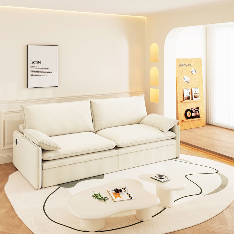 Modern Convertible Sofa Bed, Chenille Fabric Couch with Pull-Out Sleeper Bed, Living Room Loveseat with USB Port, Hidden Storage