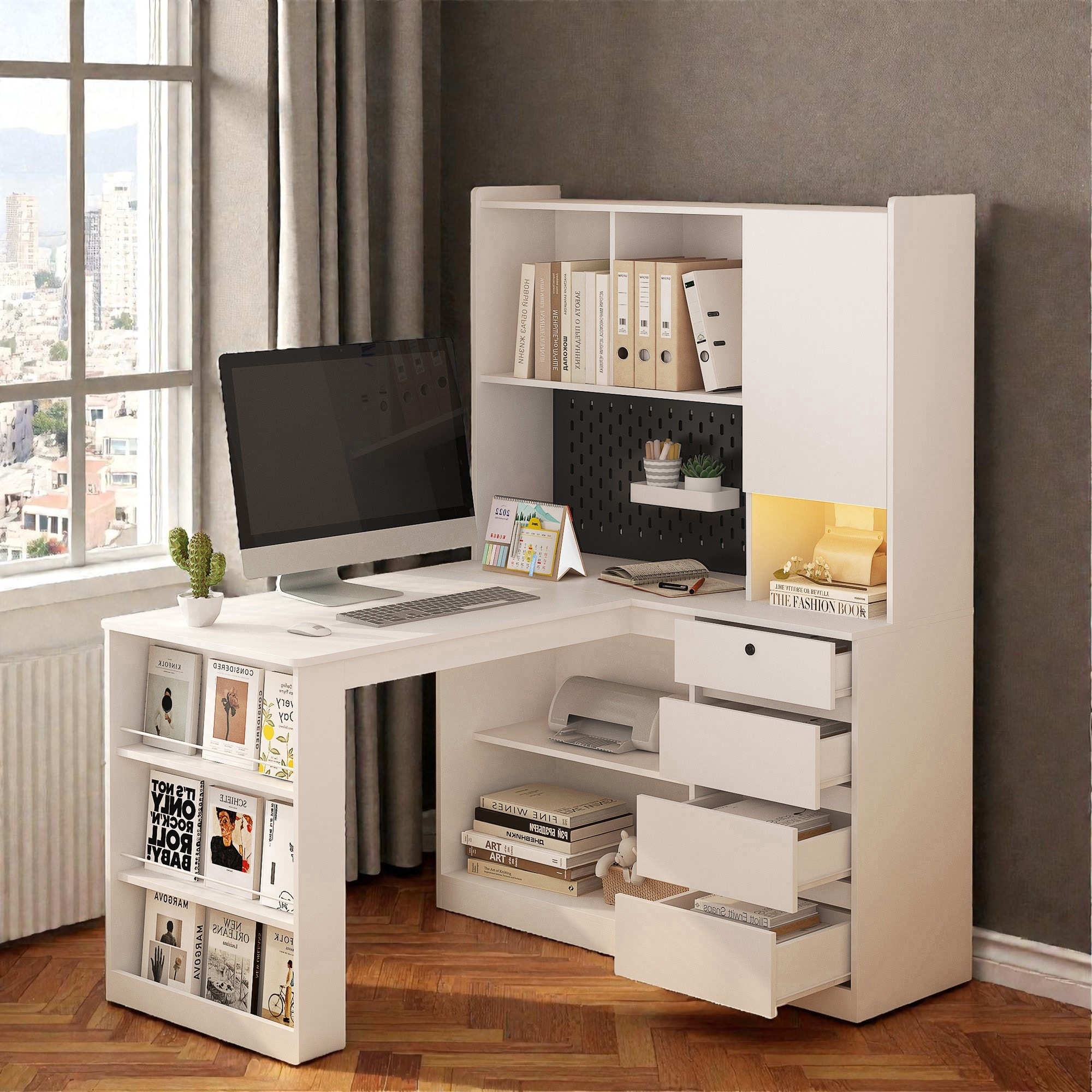 L Shaped Desk with Charging Station, Corner Computer Desk with Drawers and Bookshelf, Home Office Writing Desk