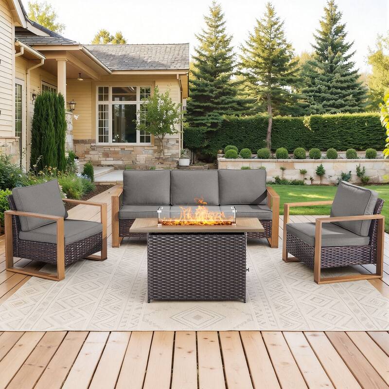 Meyreso Wicker Patio Conversation Set with Fire Pit Table & Olefin Cushions