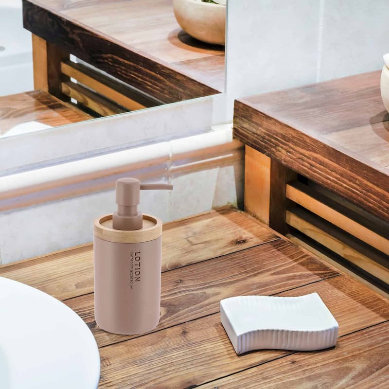 Elegant Soap Dispenser - Polyresin and Bamboo Design, Refillable Liquid Pump - 3 L x 3 W X 7 h
