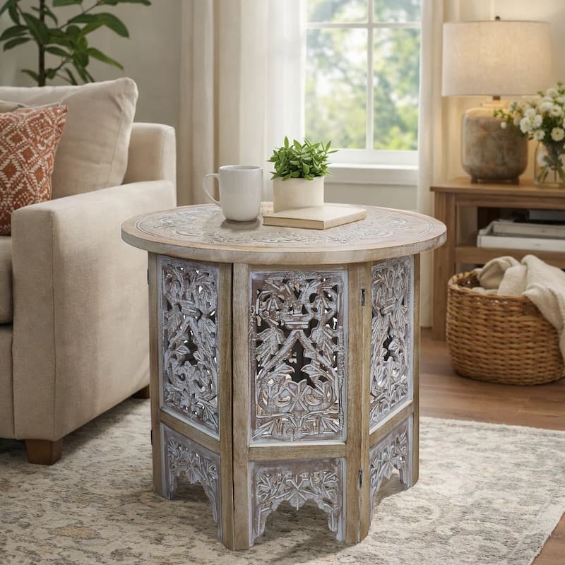 Accent Side Table, 24 Inch Round Top, Mango Wood Floral Cut Out Carved Motifs, Washed White