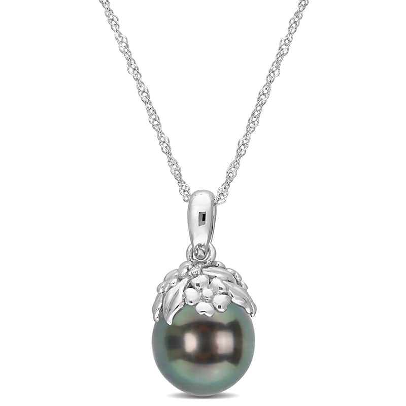 Miadora Black Tahitian Cultured Pearl and Diamond Accent Pendant in 14k White Gold (9-10mm)