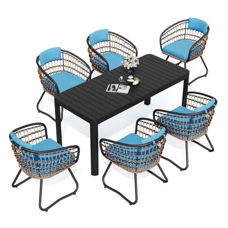 7/9PC Outdoor Aluminum Expandable Patio Dining Sets Extension Table with Rattan Chair