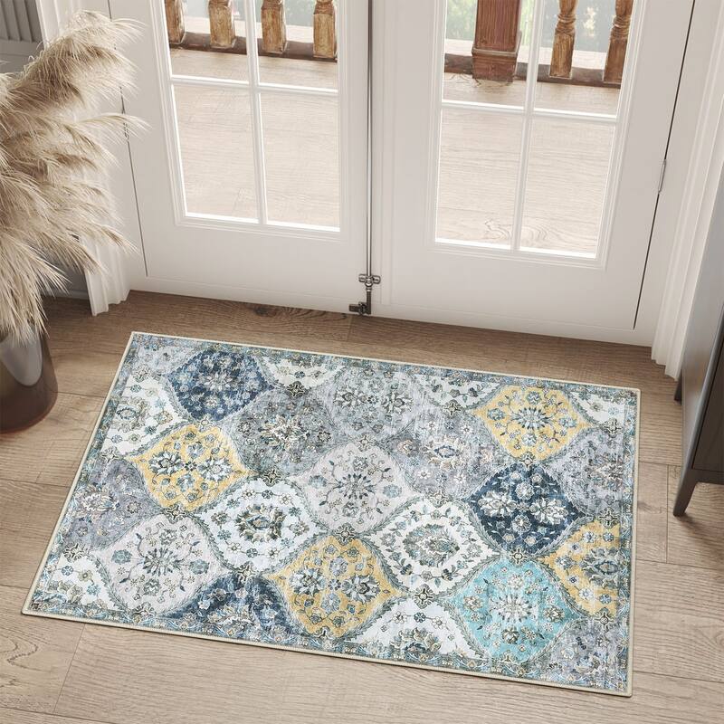 Rugs for Living Room Vintage Oriental Trellis Area Rug Soft Non Slip Low Pile Accent Rugs for Dining Room Office - 2'x3' - Blue Yellow