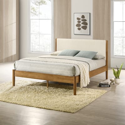 Queen Size Platform Bed with Upholstered Corduroy Headboard, Solid Rubberwood Frame in Light Walnut Finish