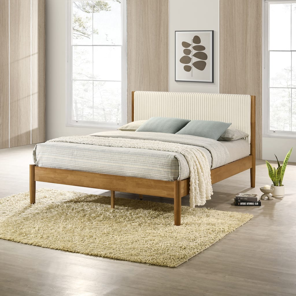 Queen Size Platform Bed with Upholstered Corduroy Headboard, Solid Rubberwood Frame in Light Walnut Finish