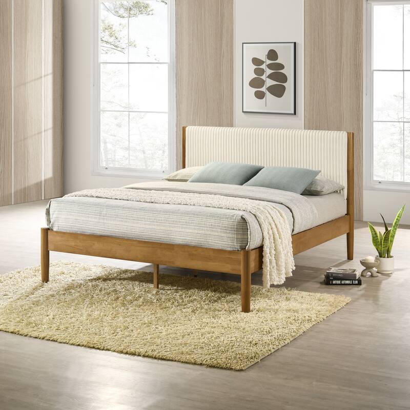 Queen Size Rubberwood Platform Bed with Padded Headboard and No Box Spring Required - Walnut
