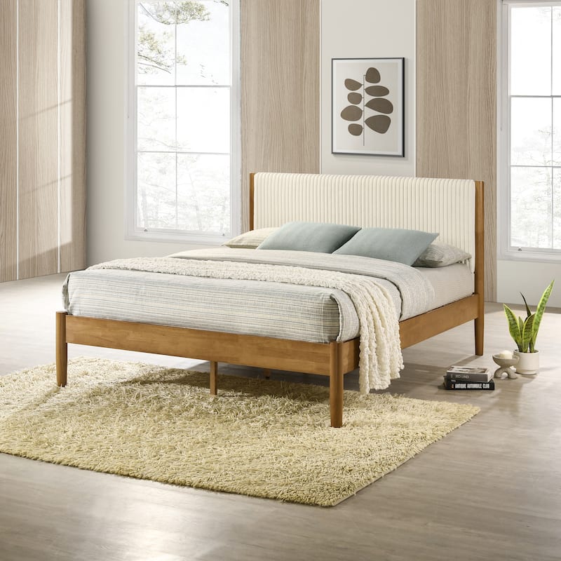 Roundhill Furniture Vichy 5-Piece Rattan Bedroom Set with Upholstered Queen Bed, Chest, Dresser, Mirror, and 2 Nightstands