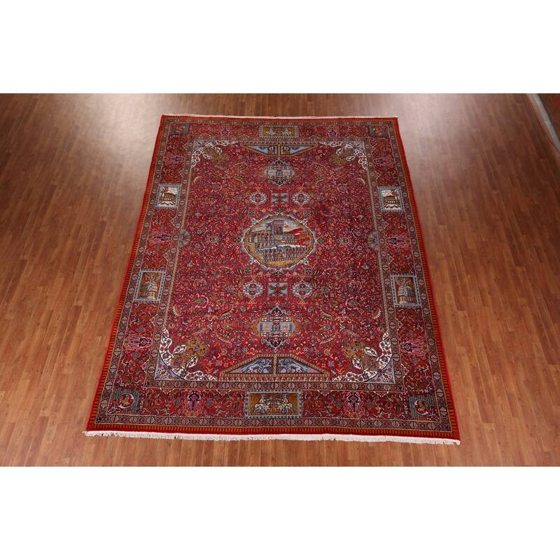 Pictorial Medallion Red Kashan Turkish Area Rug Machine Made Carpet - 9'8" x 12'5"