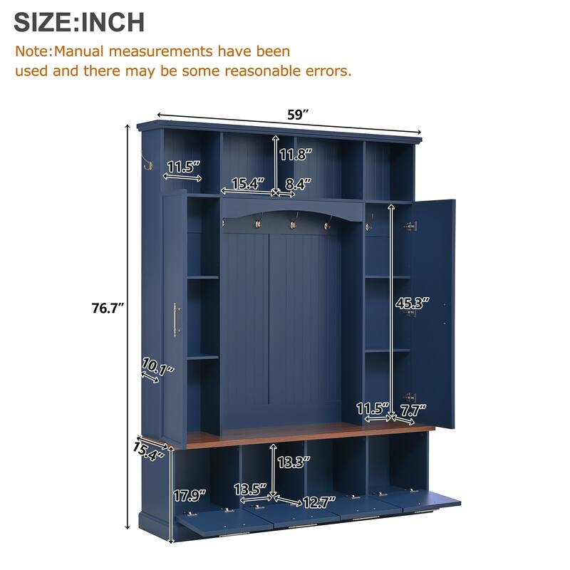 4-in-1 Farmhouse Hall Tree with Walnut Bench, 8 Hooks, Adjustable Shelves and Shoe Storage, Entryway Coat Rack, 59" W