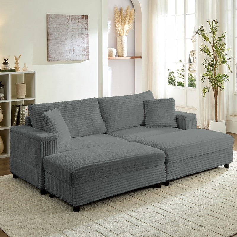 Mixoy 85‘’Corduroy Loveseat Chaise Lounge with Storage Ottoman&Armrests,Upholstered 2-Seater Sleeper Reclining Chair Indoor