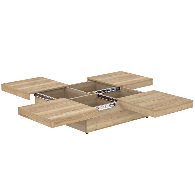 39.4" Square Veneer Coffee Table with Sliding Top & Storage, Natural Wood Grain Finish