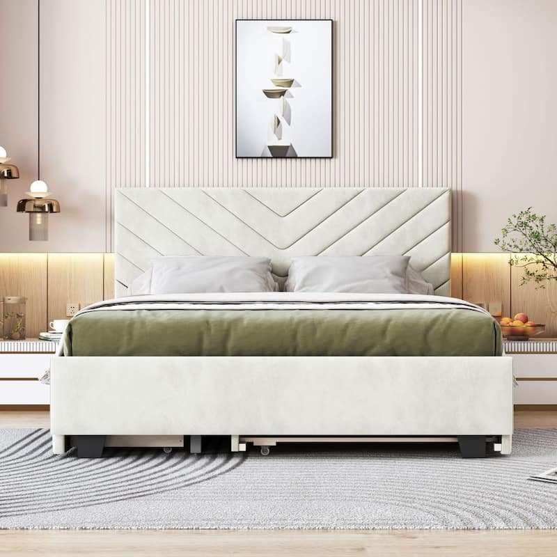 Queen Size Upholstered Platform Bed with Twill Headboard, Pullout Bed and Two Drawers