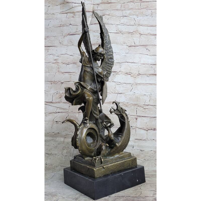 Signed Saint George Killing Dragon Bronze Sculpture Art Statue Figure Figurine