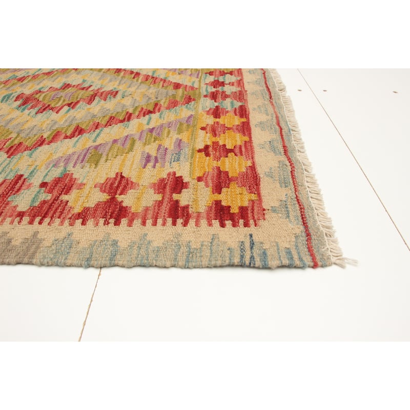 ECARPETGALLERY Flat-Weave Bold and Colorful Olive Wool Kilim - 2'9 x 4'5