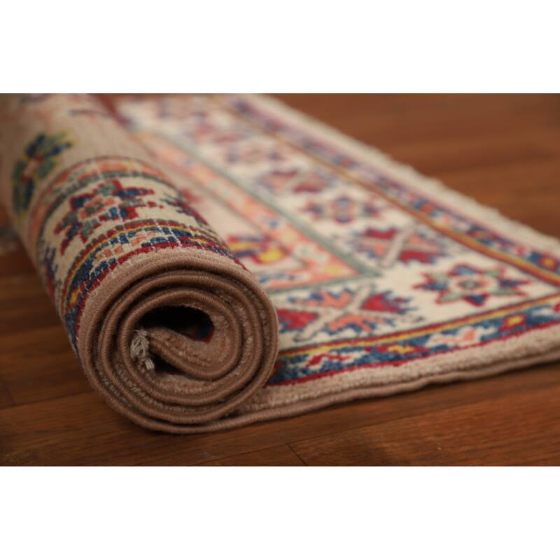 Geometric Kazak Oriental Accent Rug Hand-Knotted Wool Carpet - 2'0"x 3'0" - 2'0"x 3'0" - Ivory/Beige