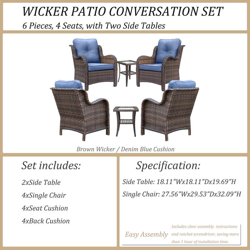 6 Piece Outdoor Wicker Rattan Patio Conversation Furniture Chairs Sets