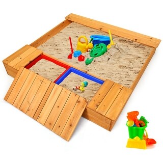 Costway Kids Cedar Sandbox w/ Storage Boxes & Bench Seats Children