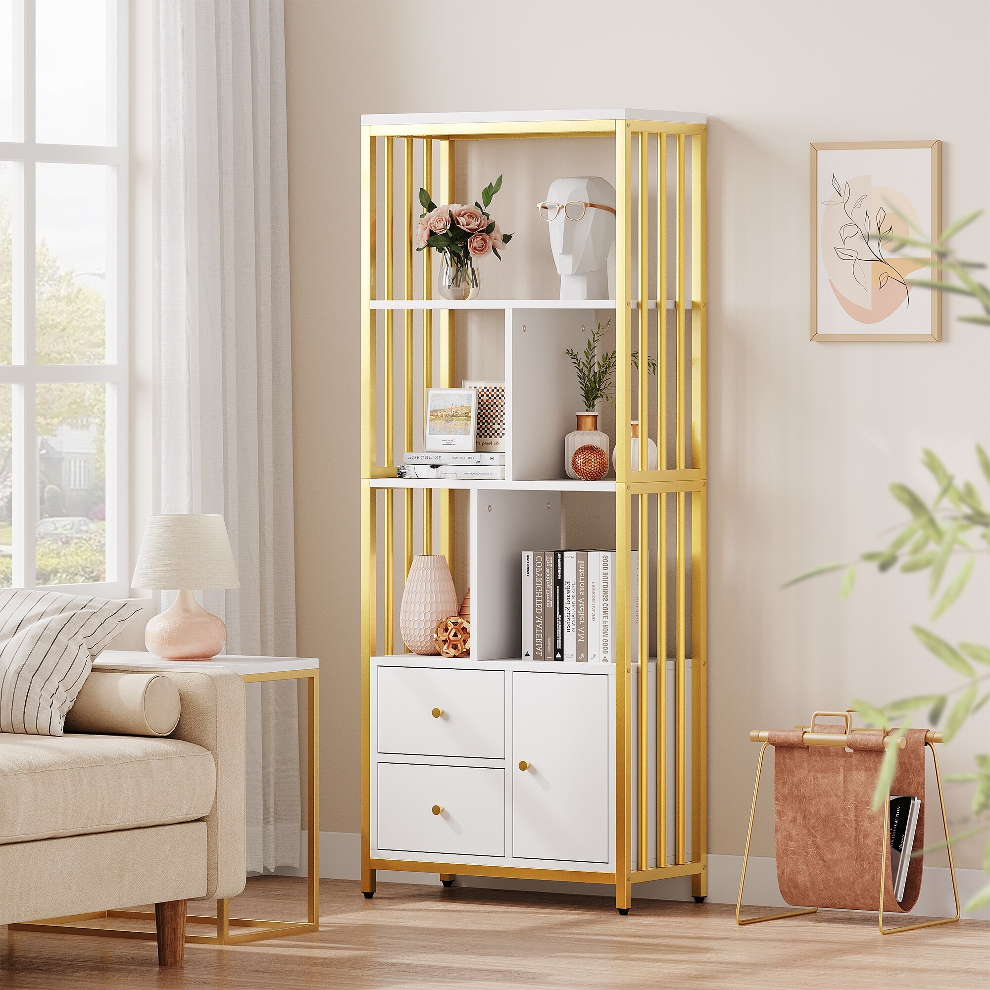 Bookshelf 3 Tier Gold Bookshelf with Drawers - Bed Bath & Beyond