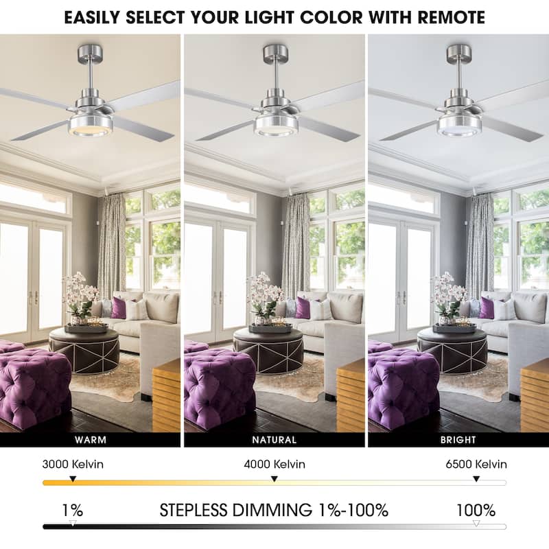 Vaczon 60" Modern Brushed Nickel Integrated LED Smart Ceiling Fan with Light and Remote, App Control