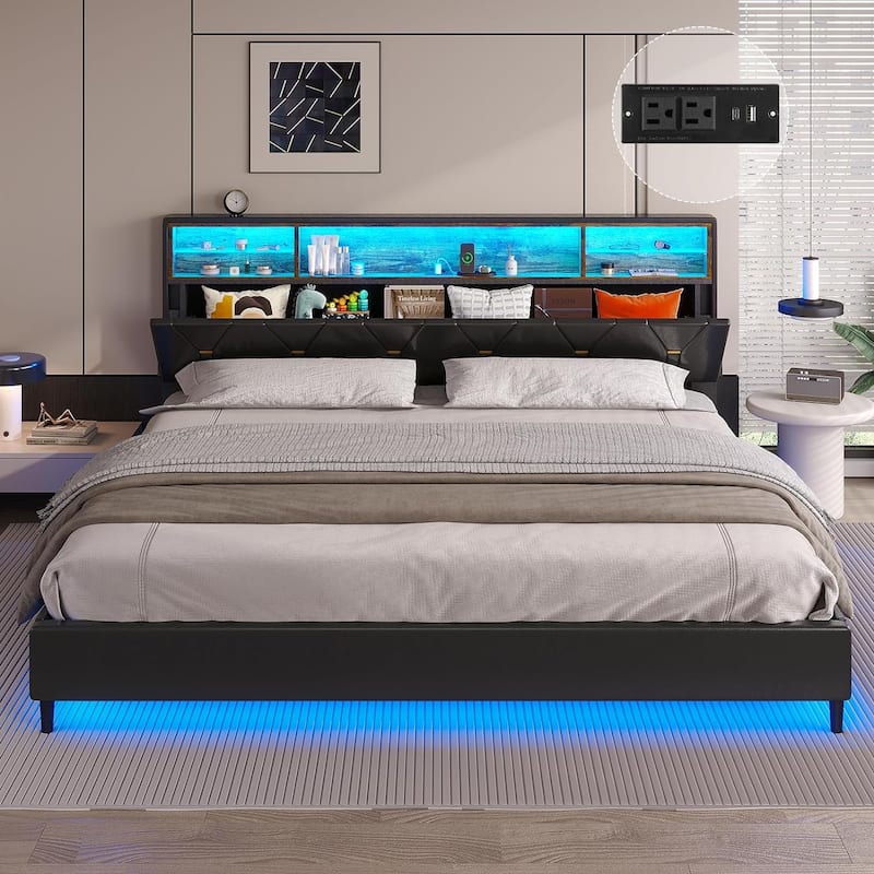 Bed Frame Storage Headboard RGB LED Lights Upholstered Platform