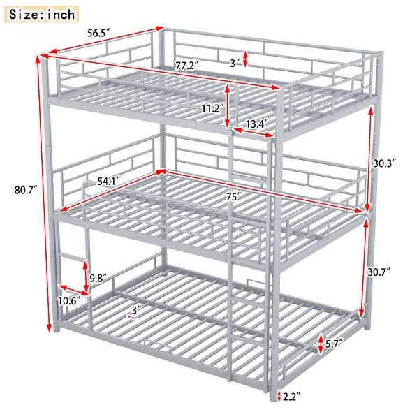 dimension image slide 1 of 2, Full Size Steel Triple Bunk Bed with Full-Length Guardrails and Two Ladders, Convertible Design