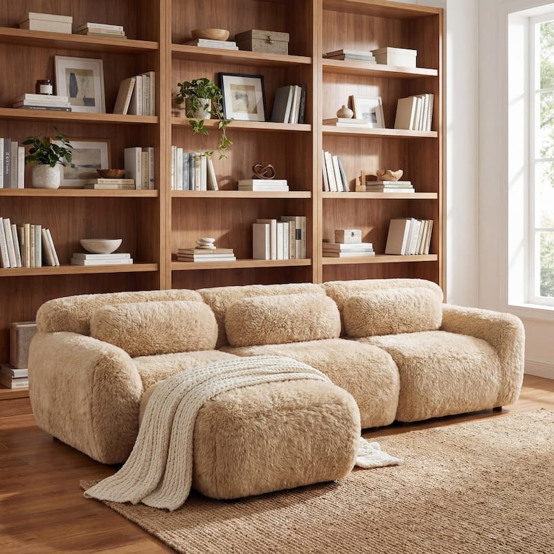 Homy Casa Light Khaki Modular Sectional Sofa, Soft Plush Fabric Cloud Couch with Anti-Slip Base & Decorative Pillows - Khaki05