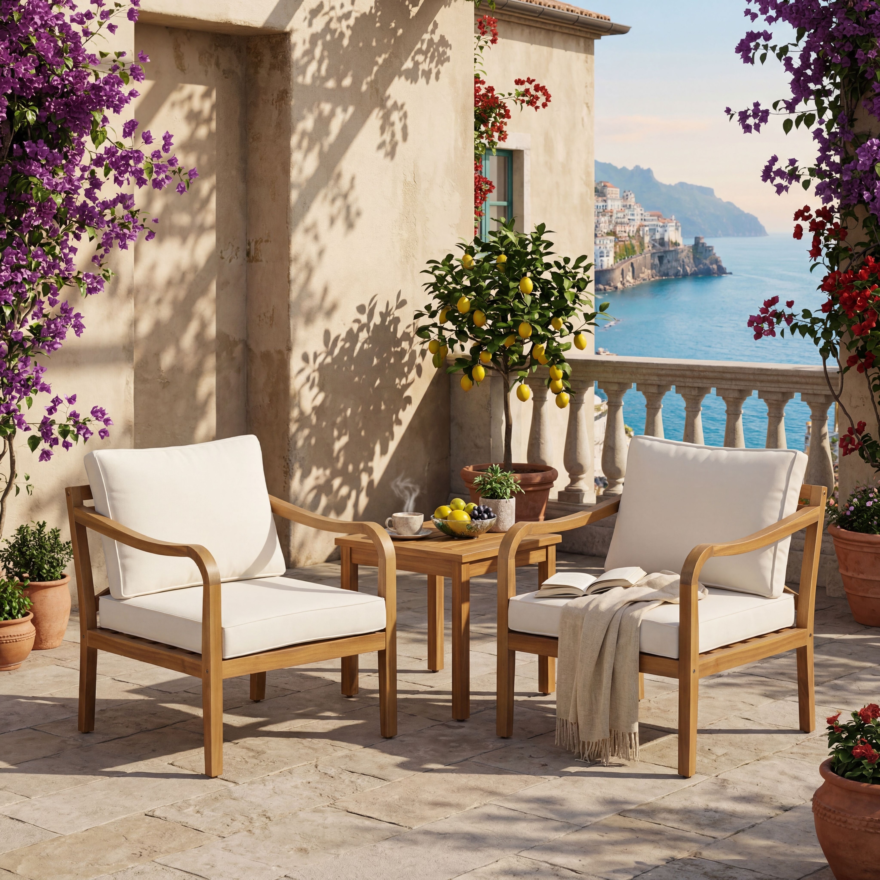 Set of 2 Acacia Wood Club Chairs with Deep Seat and Soft Cushion for Outdoors