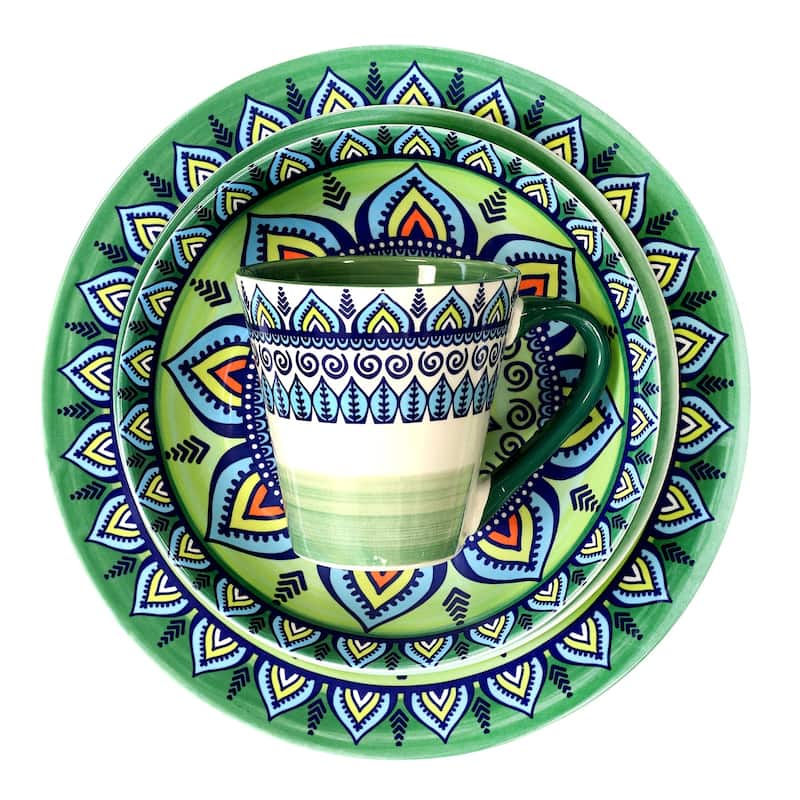 Intricate Floral Pattern Round Stoneware Dinnerware Set in Moss 16 Pieces
