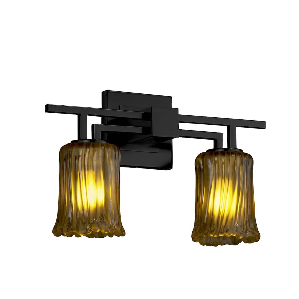 Justice Design Veneto Luce Aero 2-light Matte Black Bath Bar, Amber Cylinder - Rippled Rim Shade