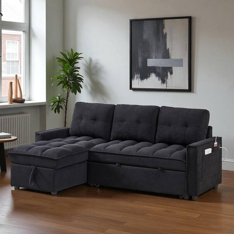 78.75" Chenille Reclining Sectional Sofa with Pull-Out Bed USB Type-C Ports Storage Chaise Modular Convertible Couch