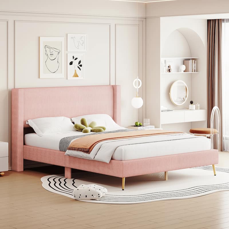 Queen Size Corduroy Platform Bed with Tufted Upholstered Headboard and Metal Legs