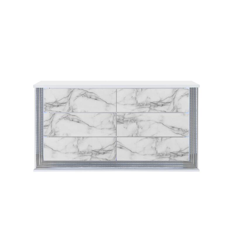 HomeRoots 61" White Faux Marble And Wood Lighted Six Drawer Double Dresser