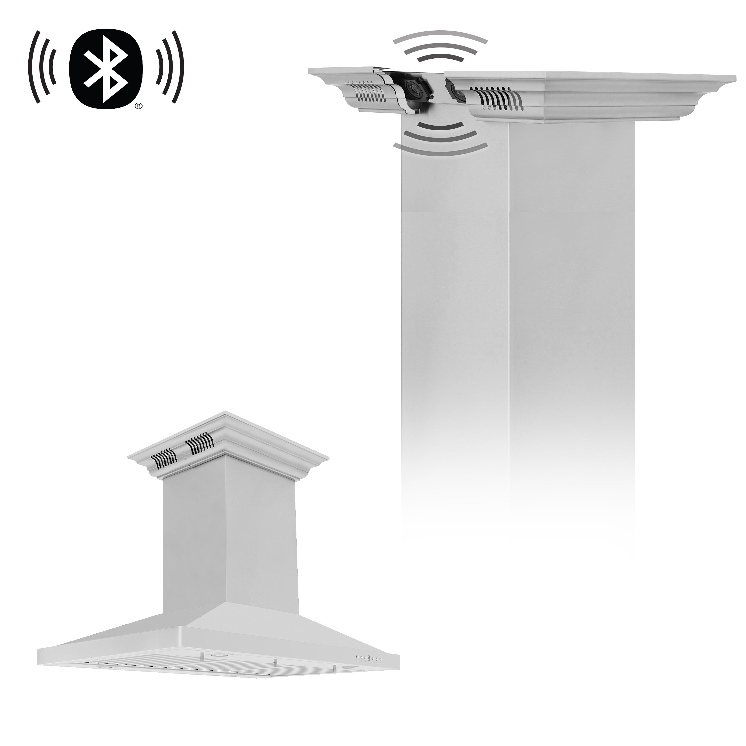 Ducted Vent Island Mount Range Hood in Stainless Steel with Built-in ZLINE CrownSound™ Bluetooth Speakers (GL2iCRN-BT)