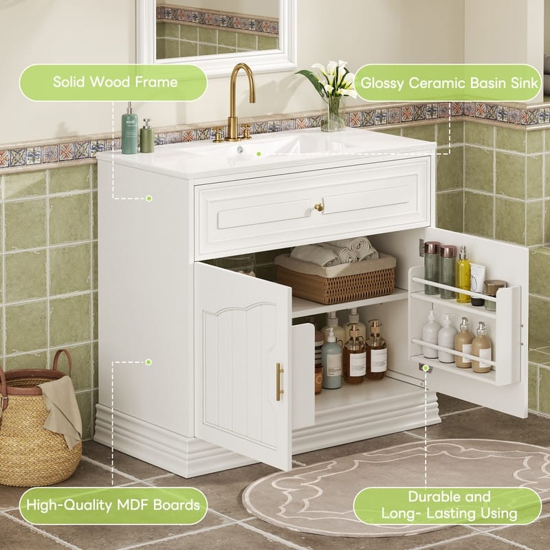 36"W Luxurious Bathroom Vanity with Ceramic Sink, Solid Wood Frame Bathroom Storage Cabinet with 2 Soft-Closing Doors