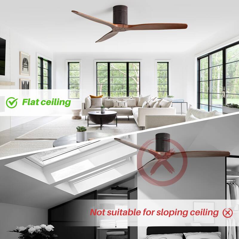 52" Flush Mount Wood Ceiling Fan with Dimmable LED Light and Remote Control